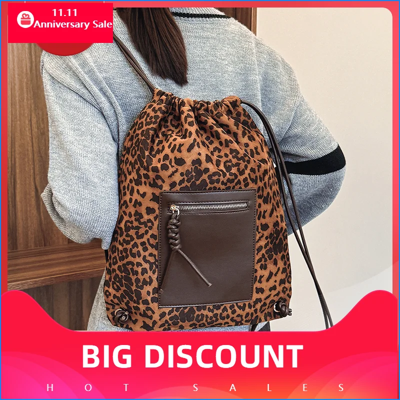 Leisure Large Capacity Leopard Print Handbag for Women 2024 New Autumn and Winter Commuting Backpack With Drawstring  Bucket Bag