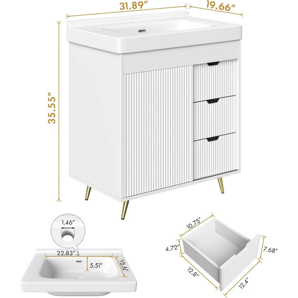 Bathroom Vanity with Sink, 31'' White Bathroom Sink Cabinet with Glide Door and 3 Drawers, Ceramic Sink Vanity Modern