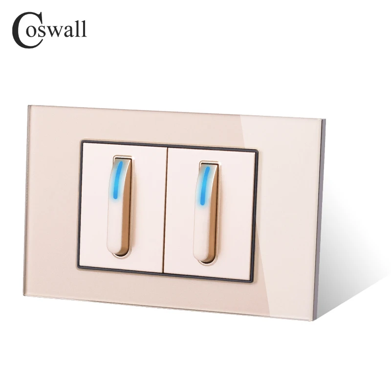 Coswall US With LED 4/3/2/1 Gang 2 Way Piano Key Design On/Off Wall Light Switch Data CAT6 HDMI USB Charging Glass Gold