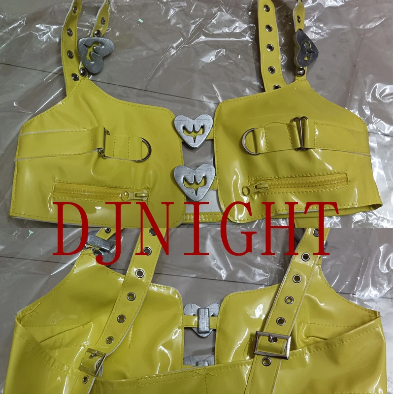 Sexy Gogo Costume Women Group Jazz Dance Outfit Yellow Leather Pole Dance Clothing Nightclub Bar Dj Ds Stage Rave Clothes XS9099