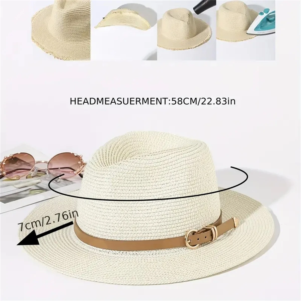 Simple Belt Decor Panama Hats Solid Color Straw Hat Classic British StyleJazz    Hat  Travel Beach Hats For Women Girls