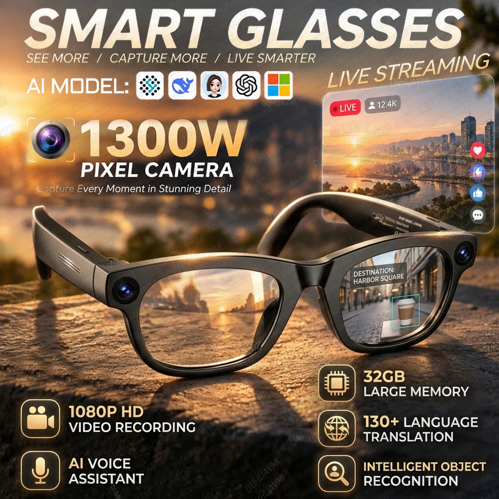 2026 LIVE Streaming 13MP HD Anti-shake Camera Smart Glasses Men 130+Language Translation AI Assistant Open Earbuds AI Glasses