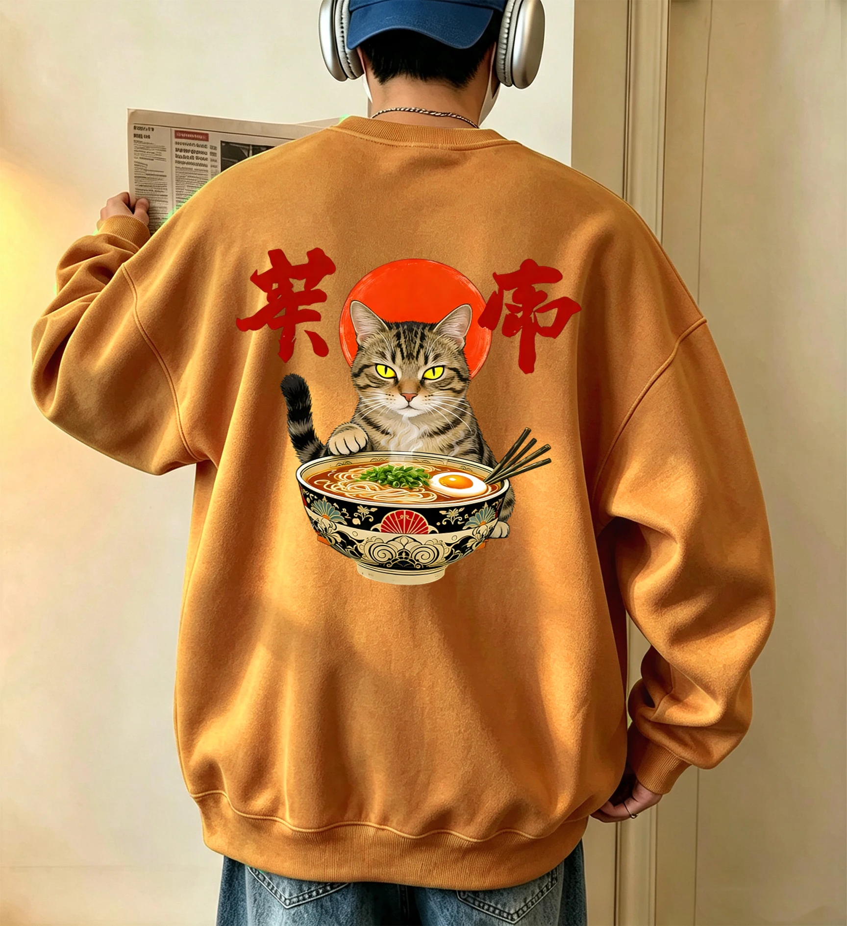 Cat That Likes To Eat Noodles Pattern Mens All-Match Autumn Sweatshirts Casual Basics Clothing Fleece Fashion Office Tops