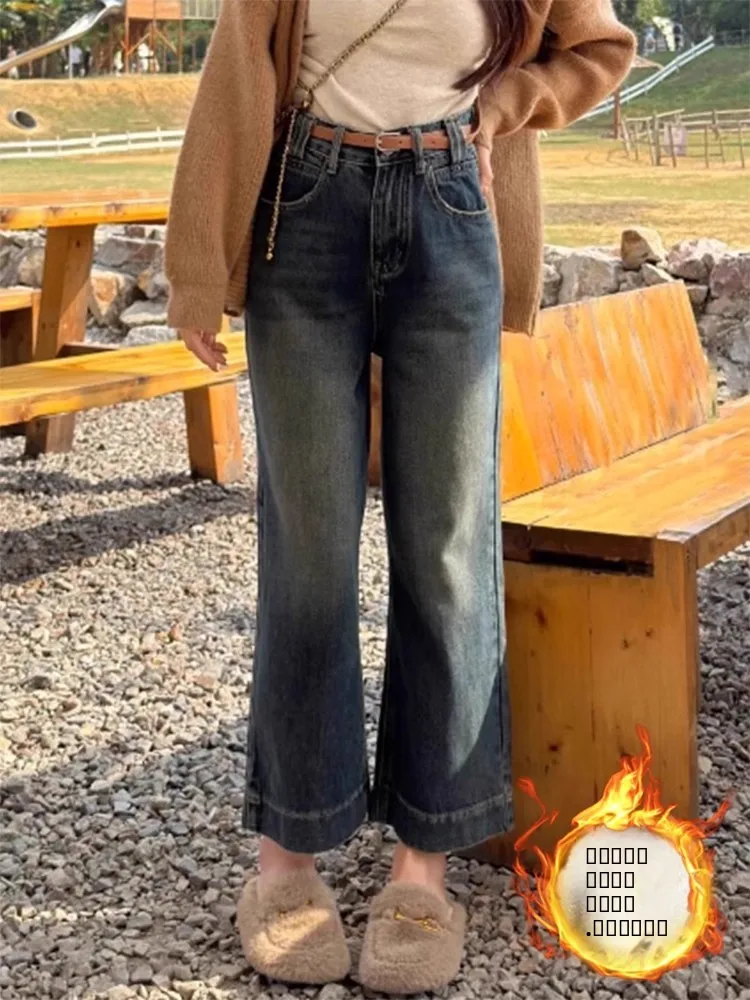 

Женские джинсы больших размеров в винтажном стиле с флисовой подкладкой, прямые, свободные, широкие, укороченные (7/8), повседневные, с высокой талией