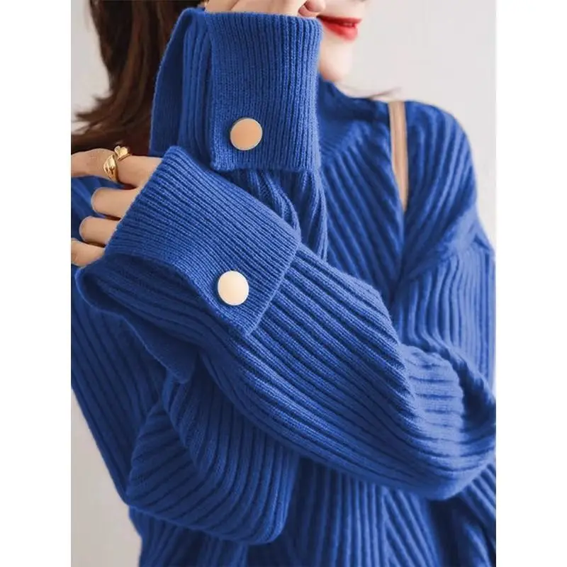 Autumn Winter Solid Color Half Height Collar Ladies New All-match Fashion Knitting Pullovers Women Clothes Loose Buttons Sweater