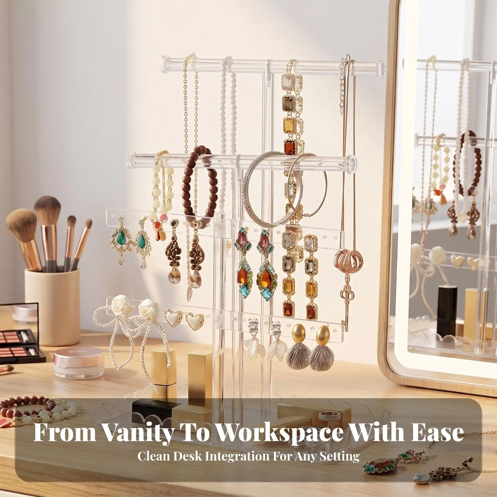 Clear Acrylic Jewelry Organizer Stand with Tray Base for Necklace Bracelet Earring Ring Display Vanity Countertop Holder