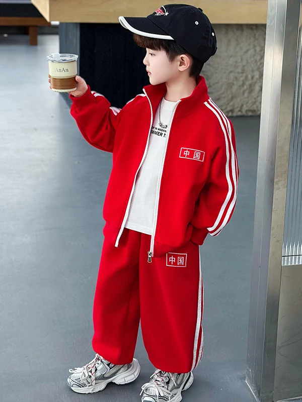 

Весенний модный спортивный костюм для мальчиков: хлопковая куртка с длинным рукавом и брюки, комплект из двух предметов для детей, стильная одежда для малышей