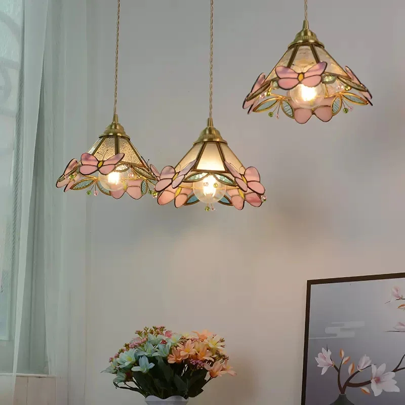 Retro Brass Hanging Light French Hand Soldered Glass Small Pendant Lamp Warm Bedside LED Pendant Light Pink Butterfly Chandelier