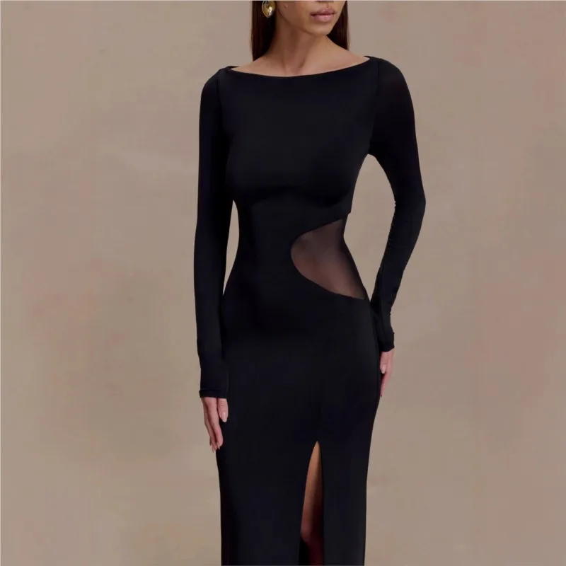 Evening Dress Dresses 2025 Woman Vestidos Women's Clothing Sexy Temperament Elegant Perspective Slit Solid Color Banquet Party
