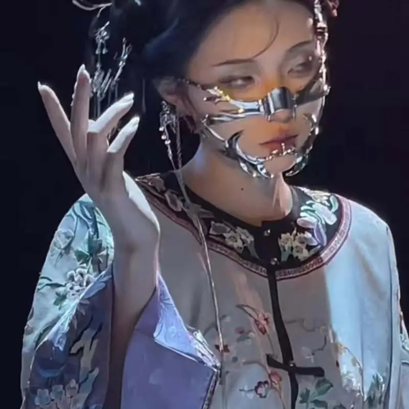 H9ED Thời Trang Gothic Mặt nạ Cyber ​​Punk Không Đều Màu Bạc Rỗng Nam Nữ Đảng Individuation Cá Nhân Phụ Kiện Trang Sức