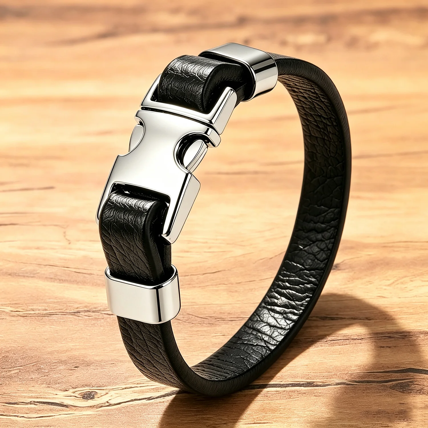 Men's Single Layer Black Leather Bracelet with Silver Hook Clasp, Vintage Grain Leather Wristband, Minimalist Bangle Jewelry