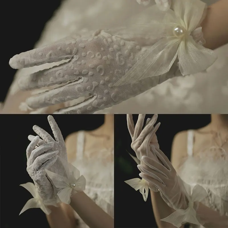 Bride Lace Wedding Gloves Short Full Fingers Bow Wrist Gloves Net Yarn Bow Pearl Dress Mittens Party Accessories Sunscreen Thin