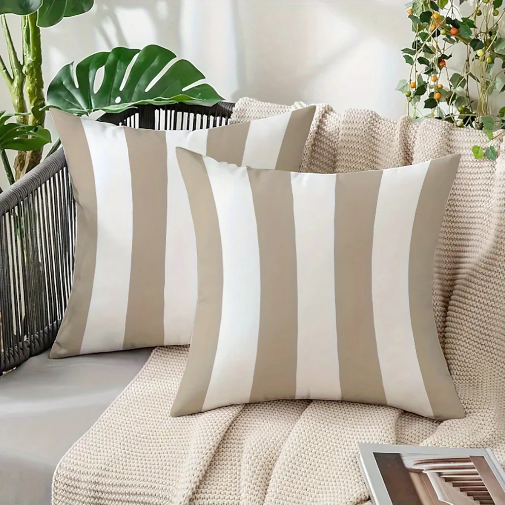 1PC Minimalist Style Khaki & White Stripes 2D Printed Pillow Cover 100% Polyester Fabric No Pillow Core Perfect for Home Decor