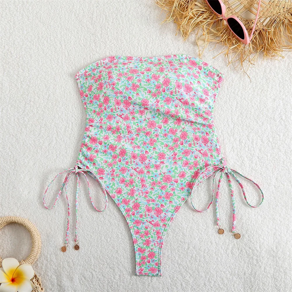

Kawaii цветочный бикини без бретелек бандо купальник на шнурке с высокими штанинами отпускные купальники женский купальный костюм пляжная одежда