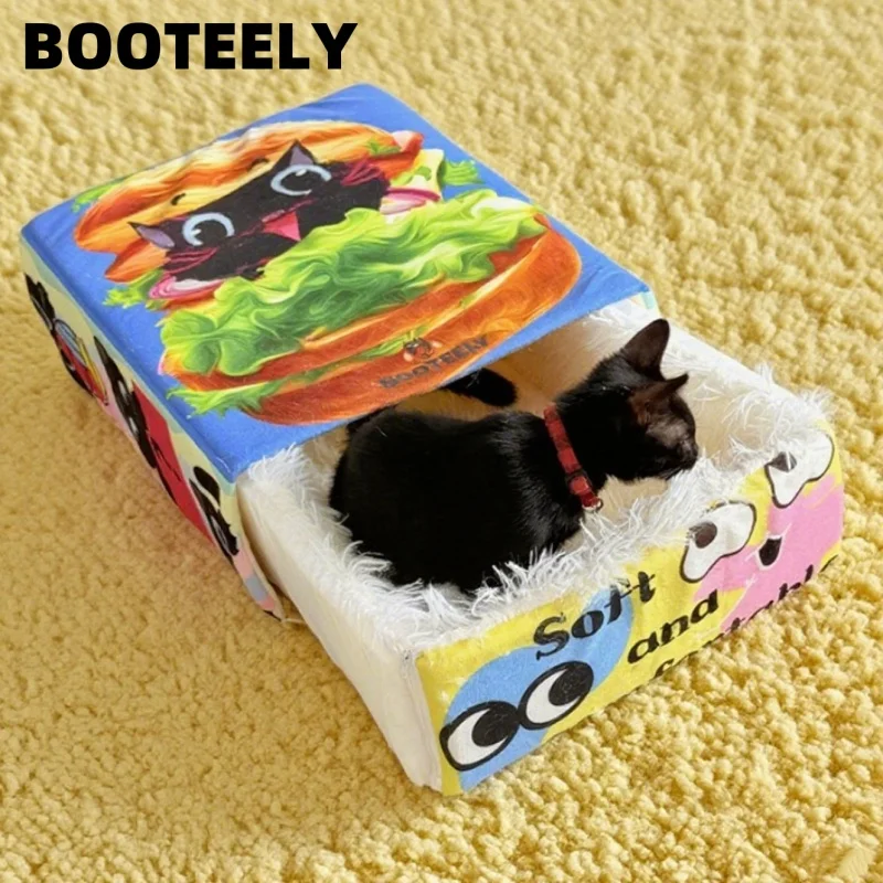 BOOTEELY Cartoon-Hamburger-Snackbox für schwarze Katzen, Plüsch-Katzenbett, geräumiges, gemütliches Haustiernest für Katzen, bequeme Ruhe mit niedlichem Design