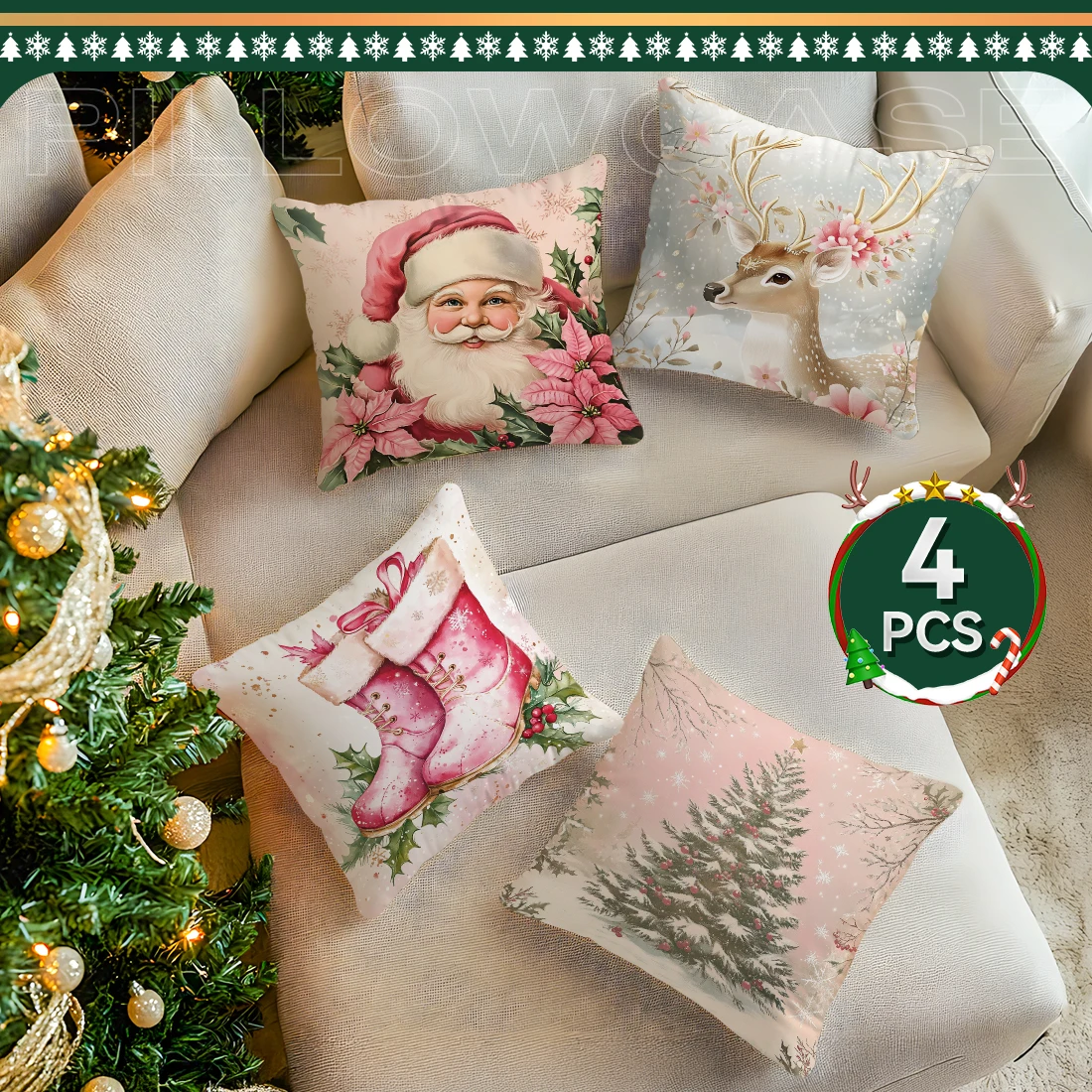 

Pink vintage Christmas theme Decorative Cushions Pillowcase Polyester Cushion Cover Throw Pillow Sofa Decoration Pillowcover