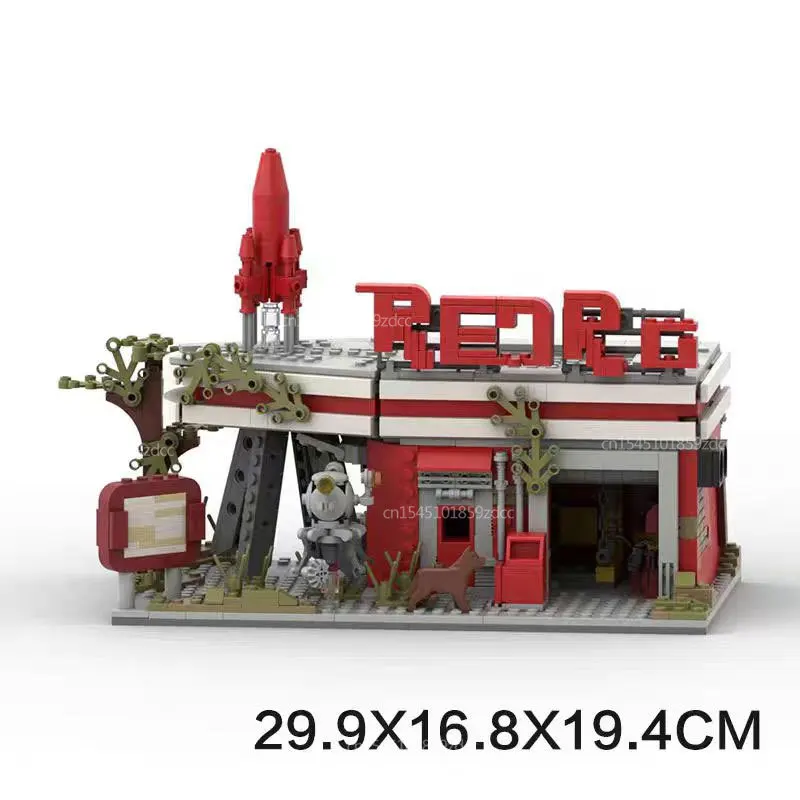 MOC Games Fallouted Red Rocket Modular Gas Station Truck Stop Building Blocks City Architecture Service Station Bricks Toy Gift