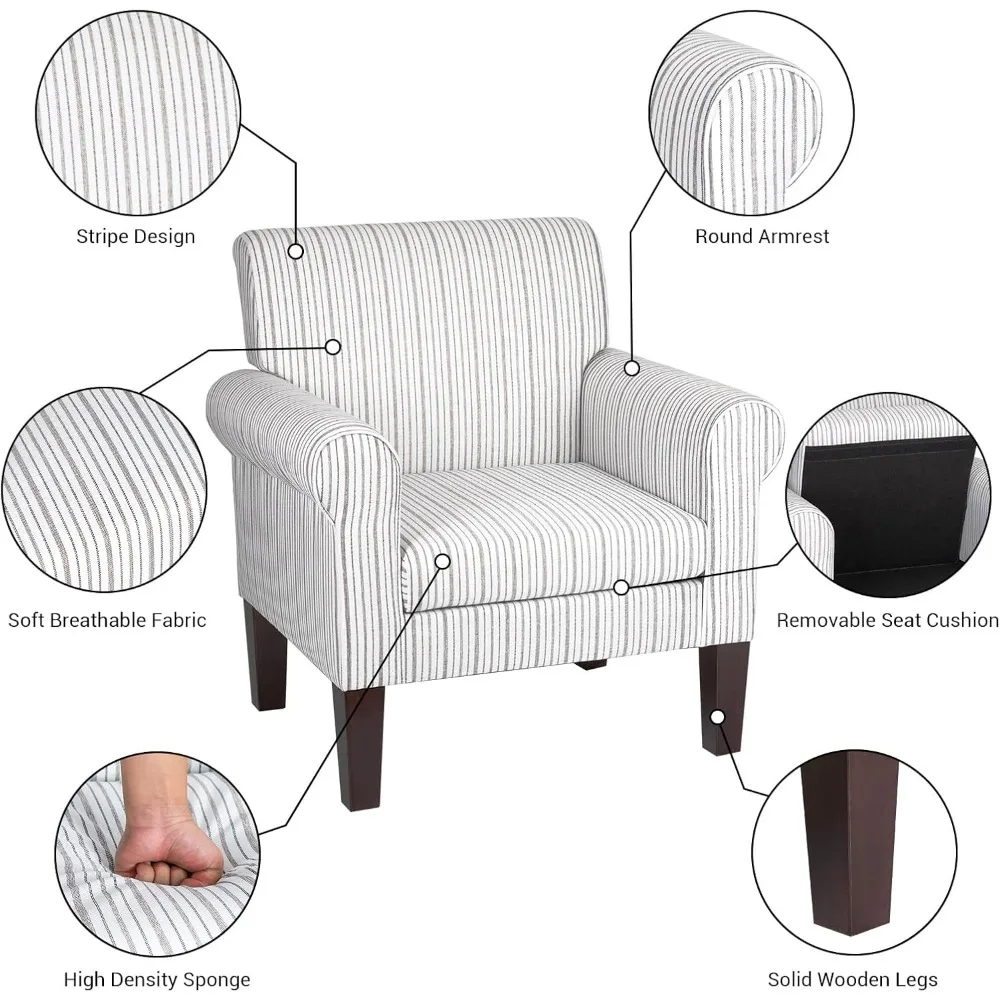 Moderne gestreepte koffiestoel Comfortabele fauteuil bekleed met linnen, comfortabele leesfauteuil met gevoerde zitting