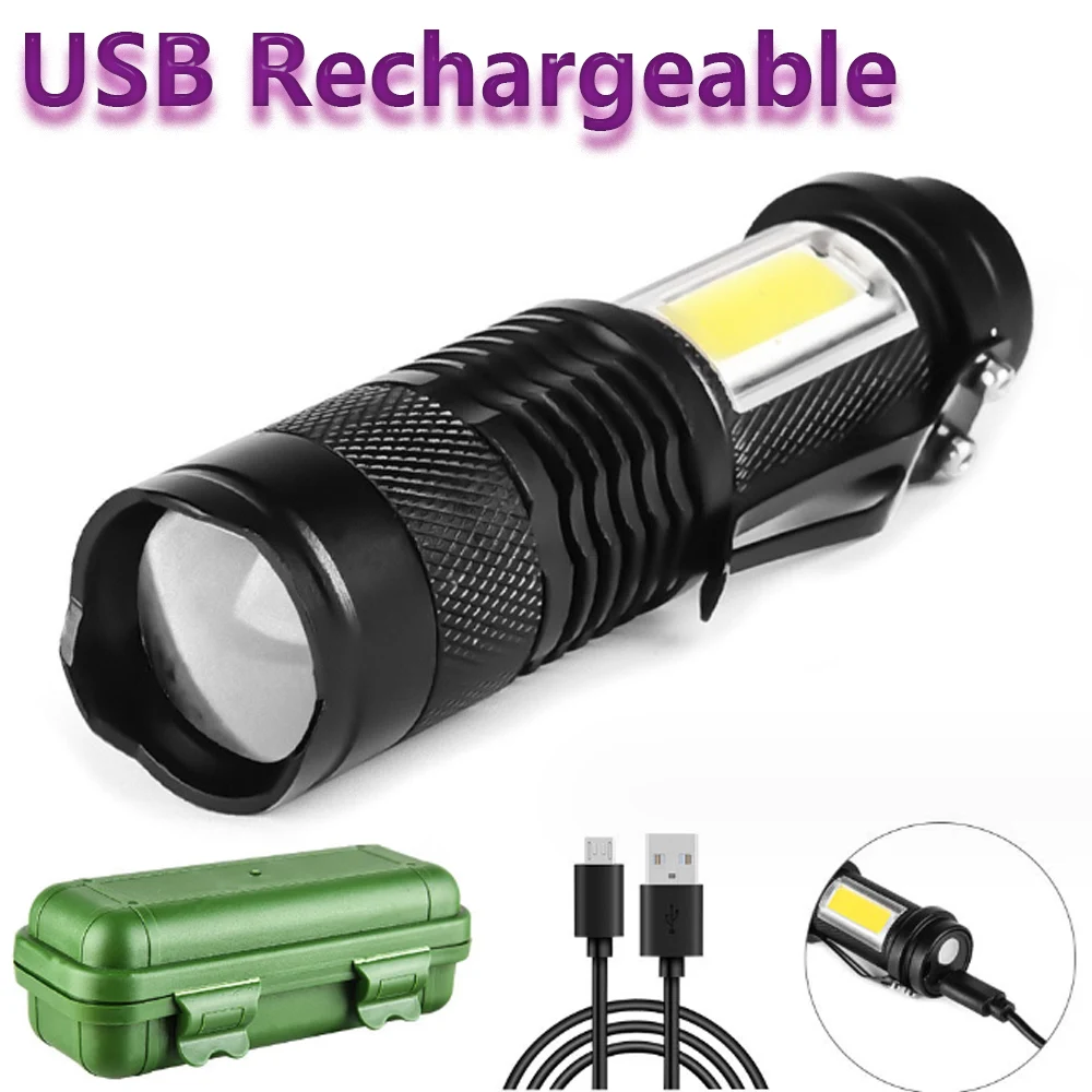 Linterna LED recargable con doble fuente de luz, luz de Flash, Mini Zoom, COB, uso de lámpara XPE, aventura, Camping