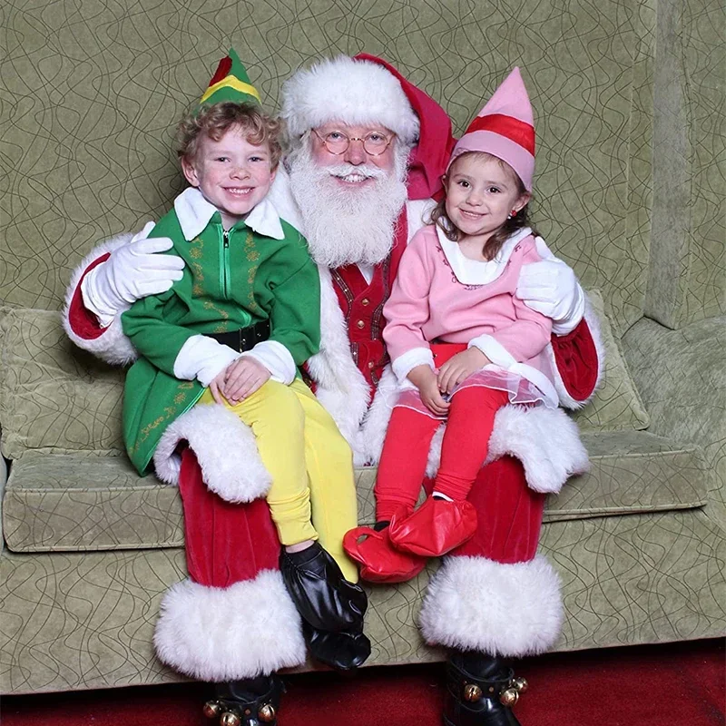 2024 عطلة الطفل السنة الجديدة تأثيري الوردي عيد الميلاد قزم فستان بتصميم حالم لفتاة الأخضر سانتا مساعد الصبي قزم زي
