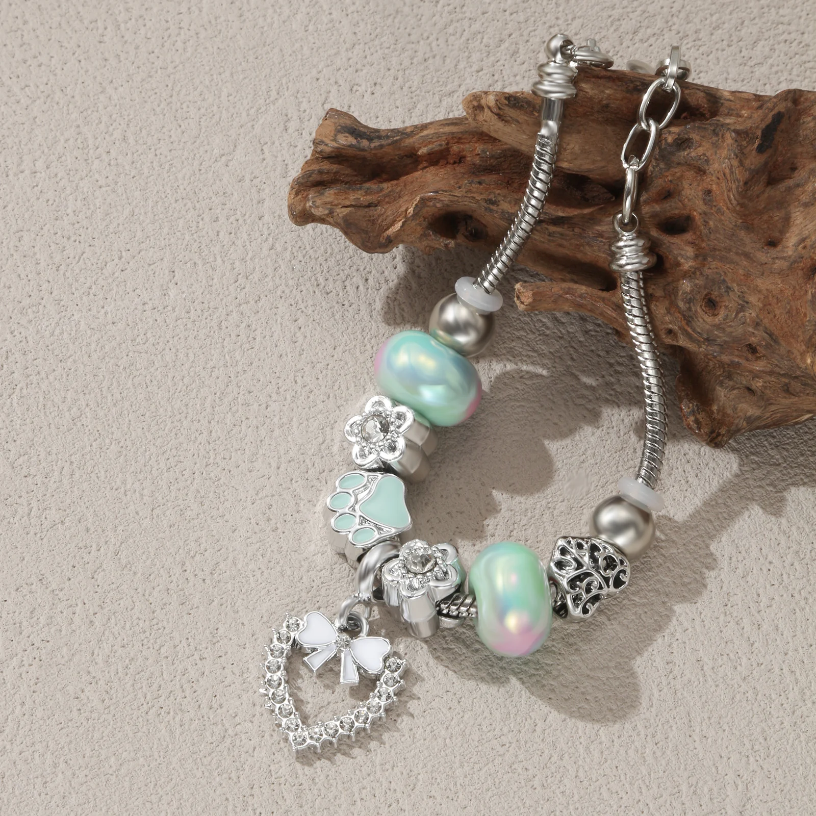 

Silver Tone Mint Green Charm Bracelet with Cat Paw and Bow Heart Pendant for Women