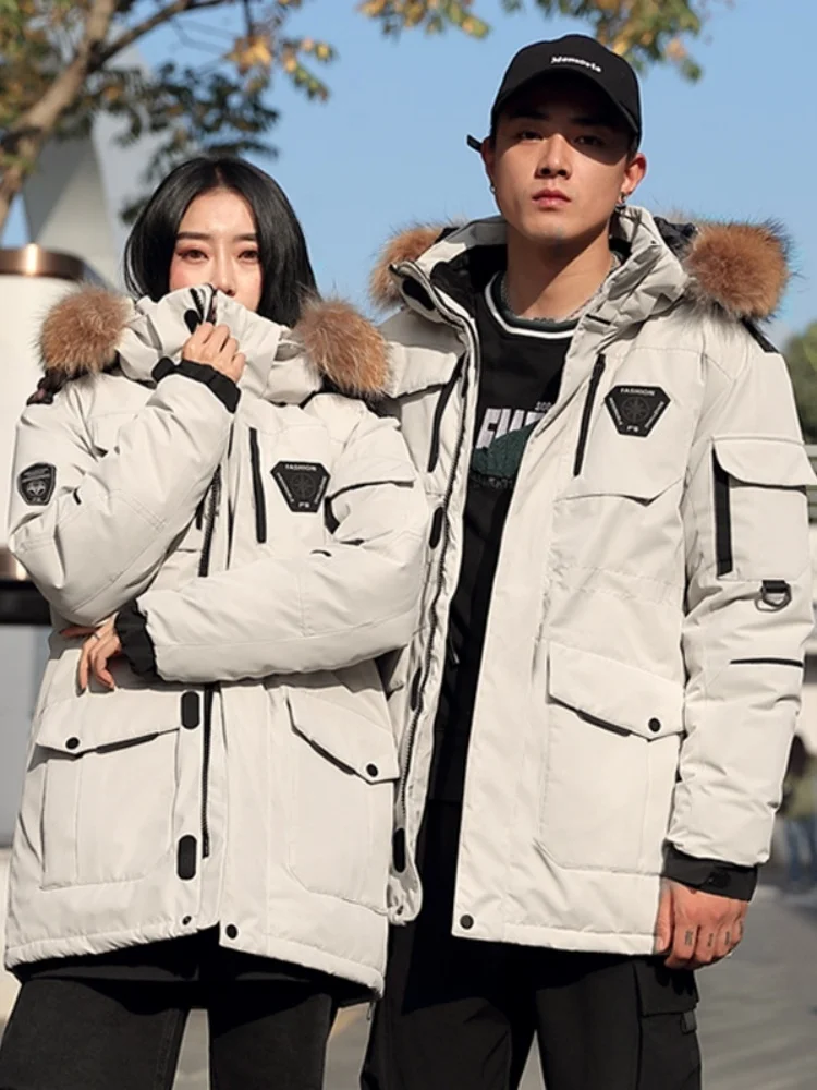 

Утепленная зимняя пуховая куртка средней длины для пар в американском стиле, свободного кроя, рабочая одежда с множеством карманов, молодежная мода
