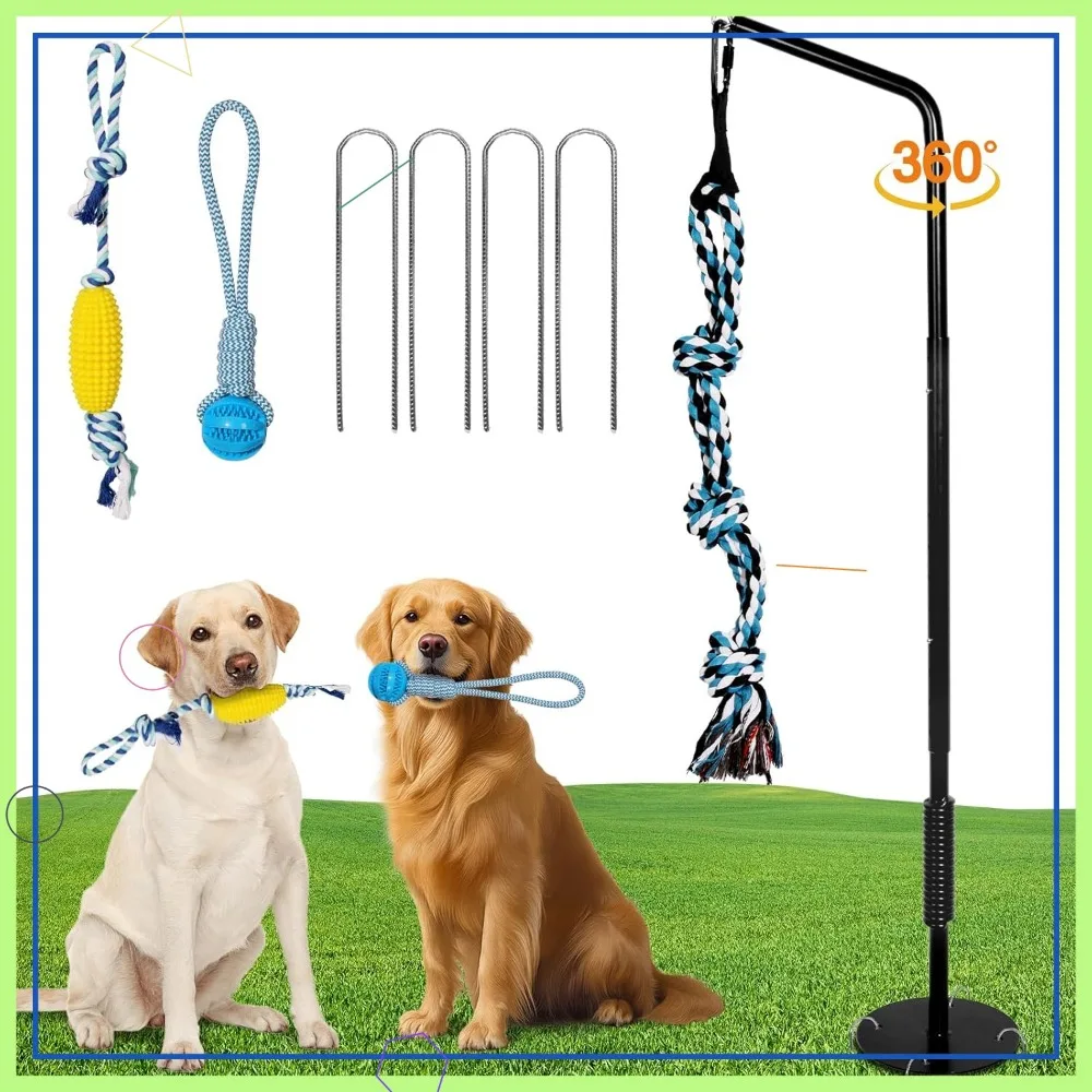 

360° Rotating Dog Spring Pole Tug Toy for Medium Large Dogs, Adjustable Height, Durable Chew Rope with 2 Replacements & 4 Stakes