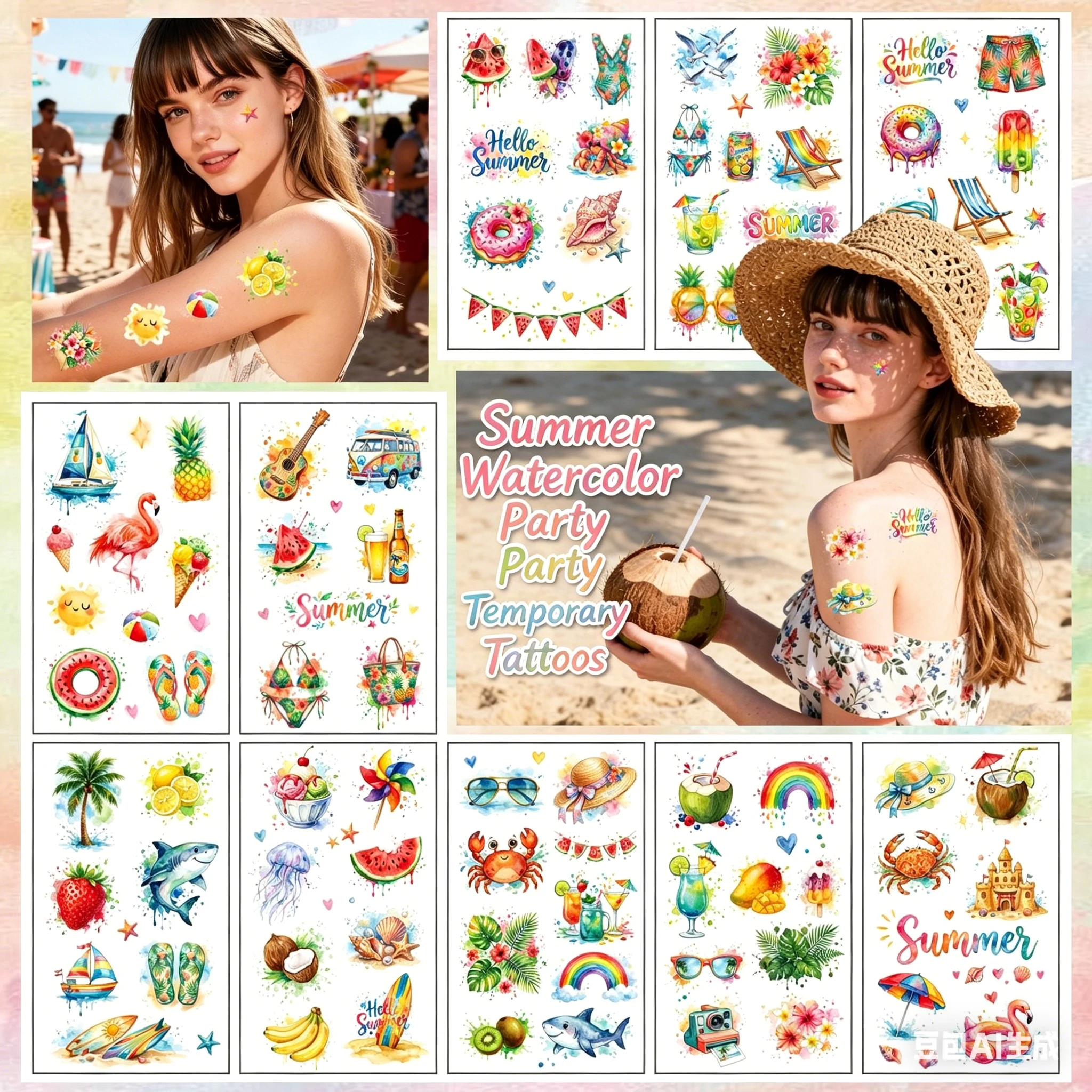 

10pcs/set Color Beach Summer Coconut Trees Temporary Tattoo Stickers Cartoon Scoconut Sunshine For Party Gift Sticker