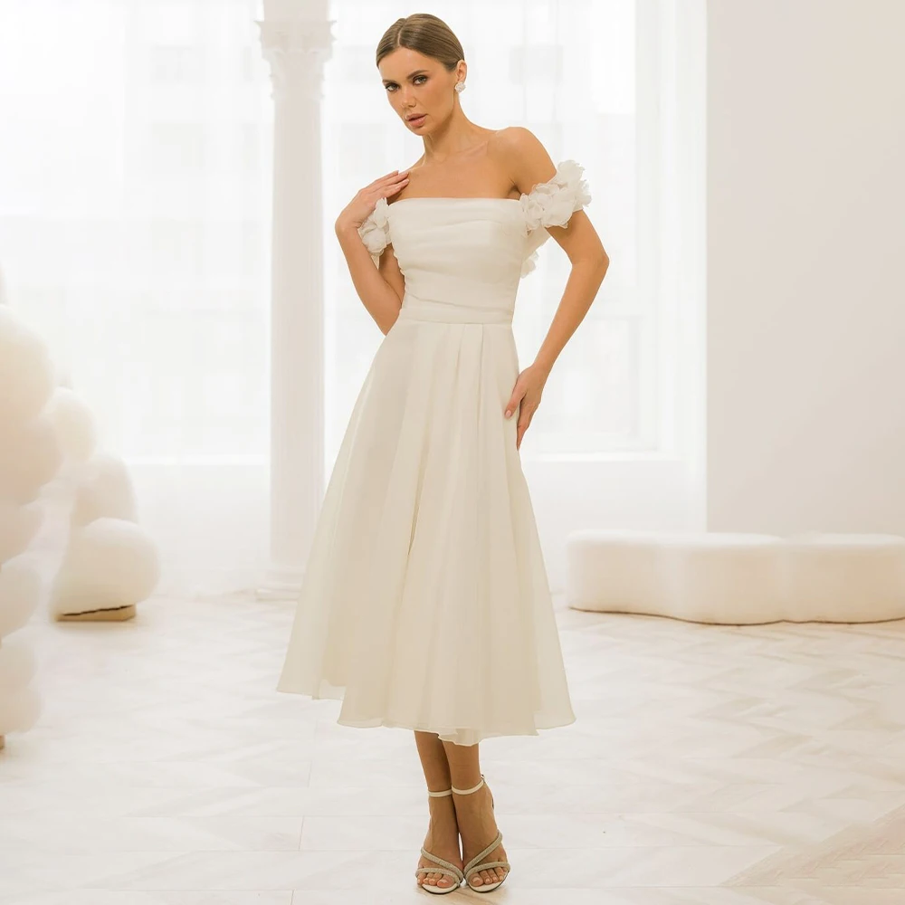 Midi Wedding Dress White Off the Shoulder A Line Elegant Wedding Gowns for Women 2024 Bride 3D Flowers Tea Length Bridal Dresses