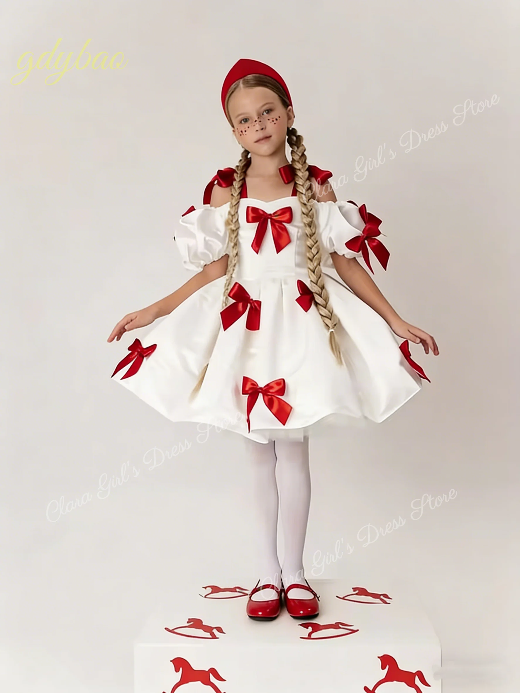 

Custom Ivory Flower Girl Dress Satin with Bow Appliqué Suitable for Weddings Birthday Parties and First Communion or Prom Dress