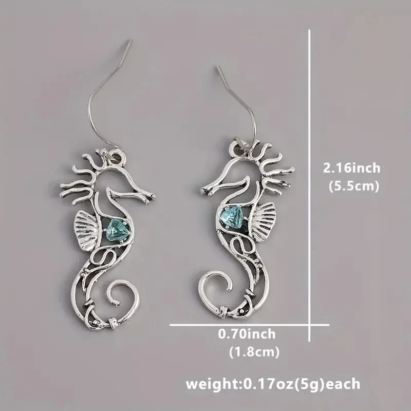 Silvery Metal Seahorse Pendant Earrings, Women\'s Creative Blue Zircon Earrings, Holiday Party Personalized Earrings