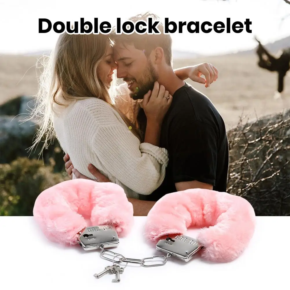 Party Cosplay Prop Soft Faux Fur Double Lock Manacle Bracelets for Adult Couples Stainless Steel Wrist Ankle Cuffs with for Cops