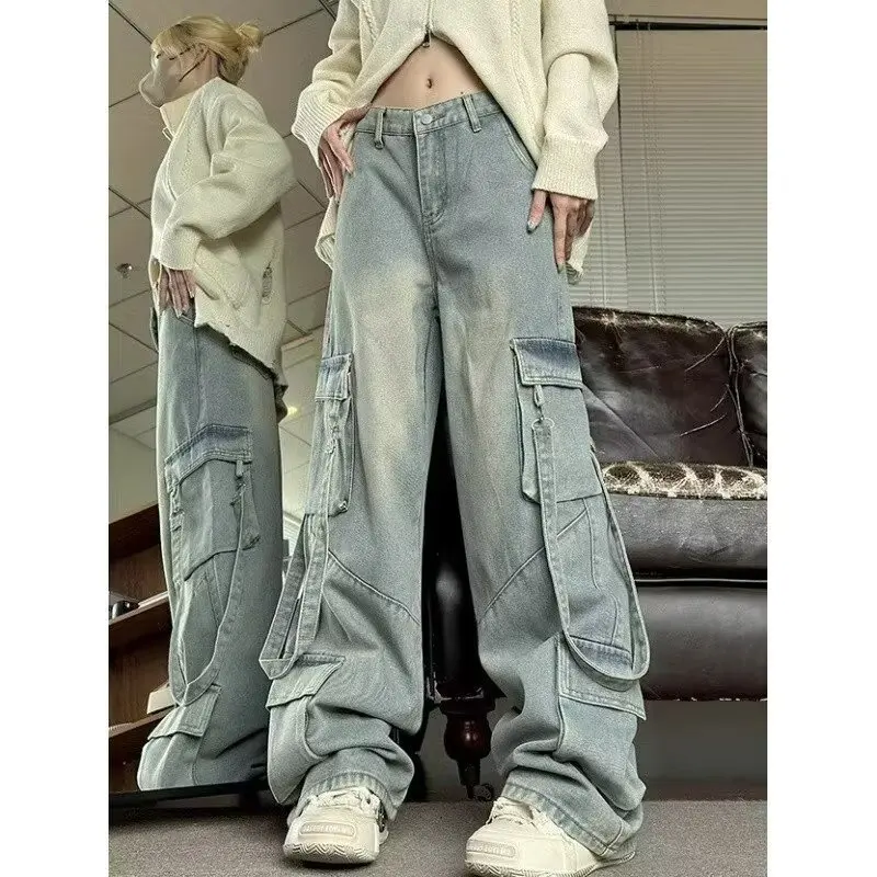 Novo estilo americano calças de rua alta multi-bolso cinta jeans feminino outono vintage solto carga calças de perna larga
