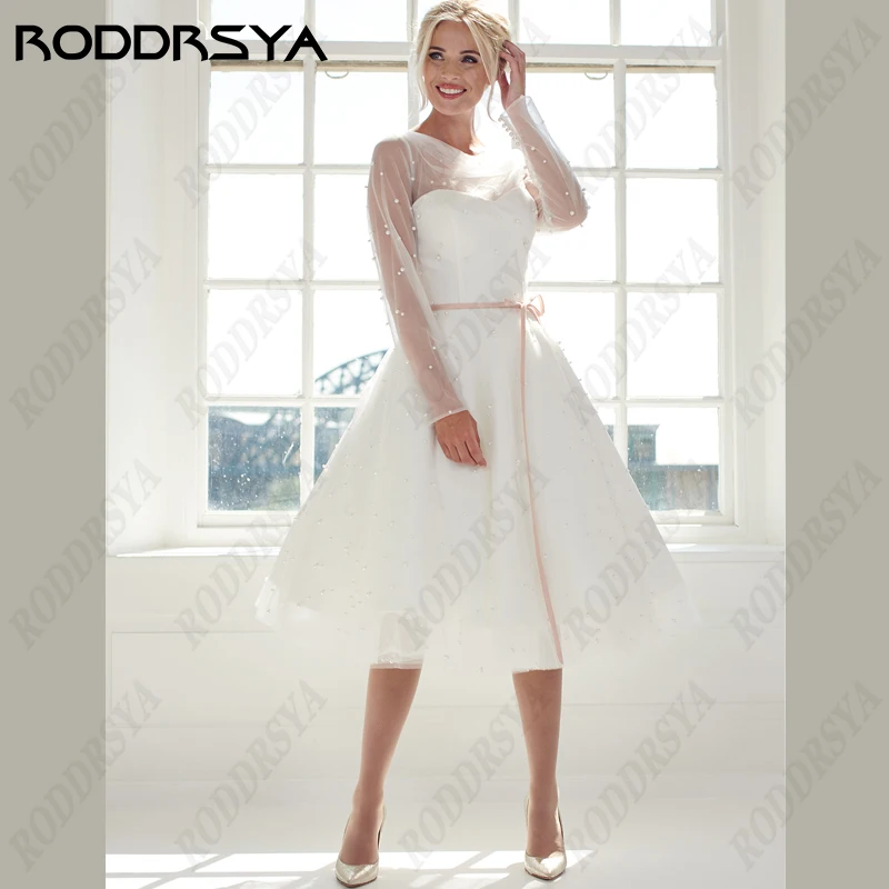 RODDRSYA-Vestido De Novia corto con cuello redondo para mujer, traje bohemio De tul De manga larga con botones en la espalda, Vestido De Novia De play-Vestido De Novia corto con cuello redondo para mujer, traje bohemia