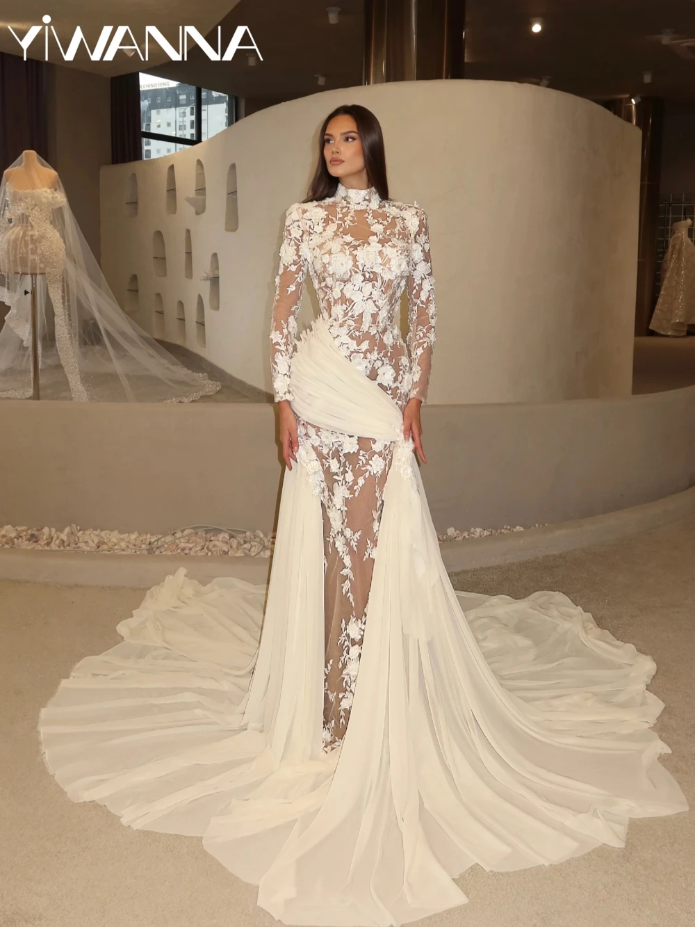 

Charming Illusion Lace 3D Flower Wedding Dress High Collar Long Sleeve Bridal Gown Customized Dreamy Chiffon Dresses For Bride