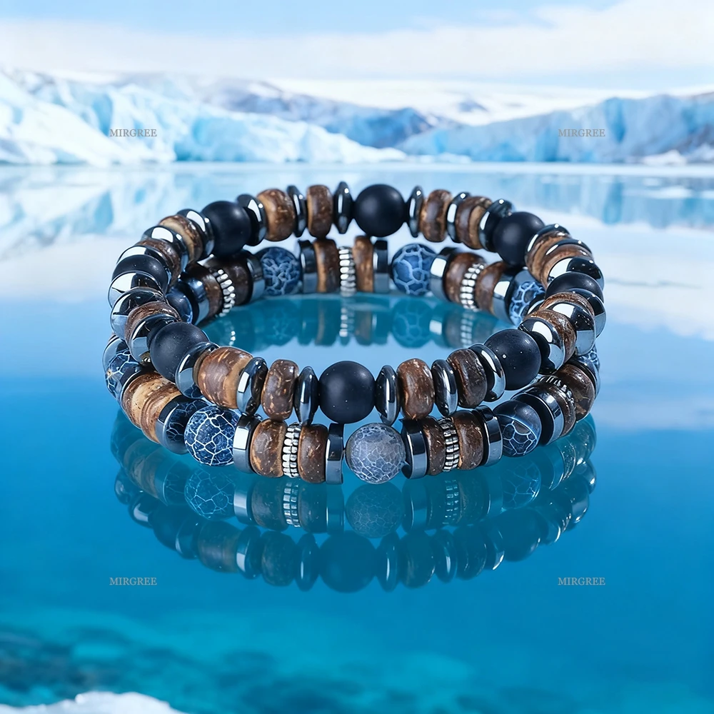 2pc Men's Natural Stone Bead Bracelet Set, Handmade Retro Style