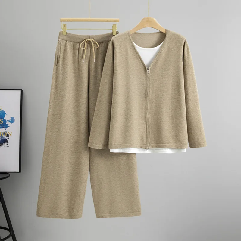 

Комплекты из 2 предметов, женский кардиган, свитер, мусульманский ансамбль, вязаная одежда, карманы на молнии, вязаные широкие брюки, костюм, повседневный трикотаж