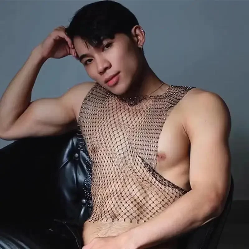 

Nightclub Men's Tshirts Sexy Fishing Net Sleeveless Square Neckline Hollowed Out Paired Stage Costumes Tank Top for Men