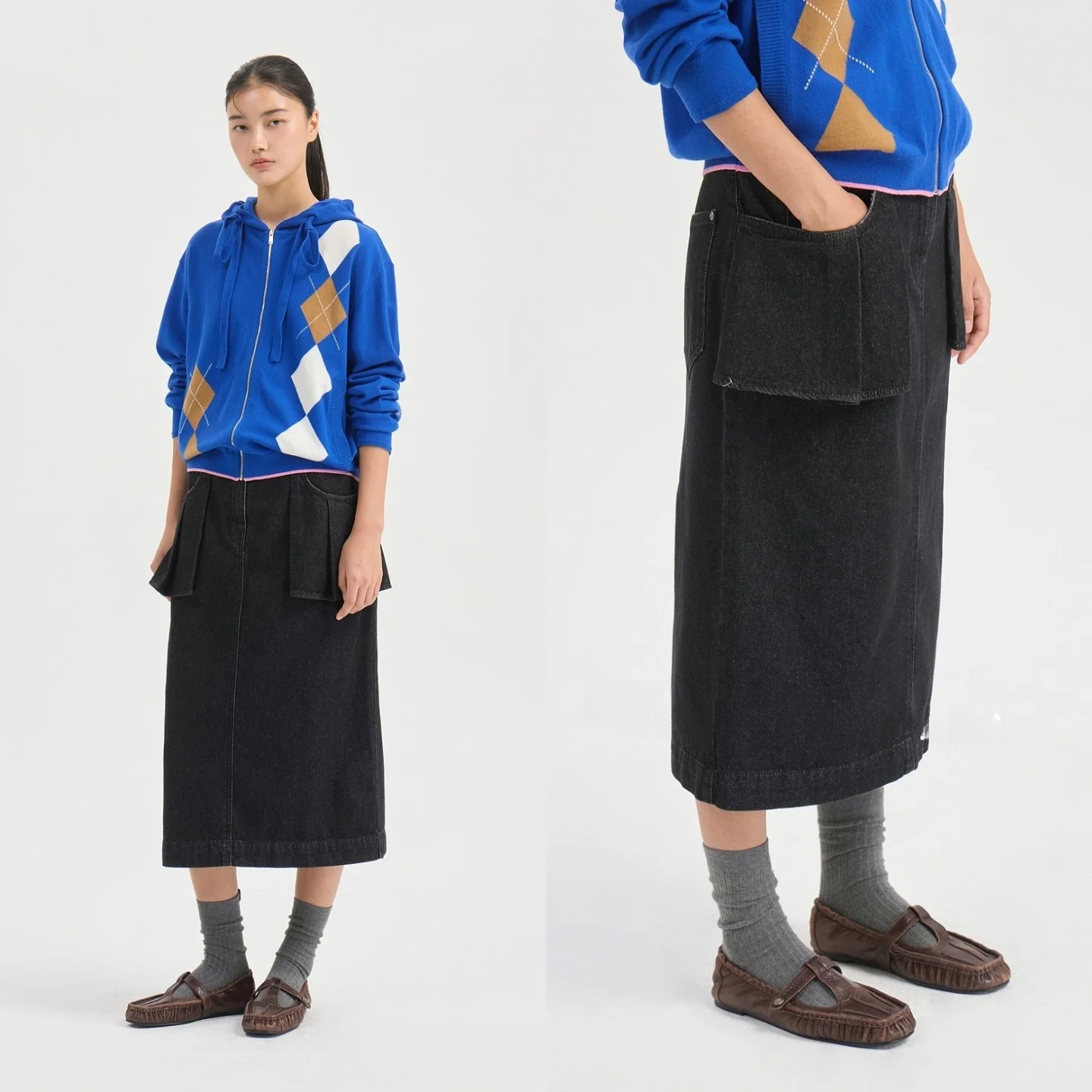Cotton Denim Half Skirt Commute Stylish Pocket Design Slimming Straight Cut Korean Style Women's mid Waist Cotton Skirt