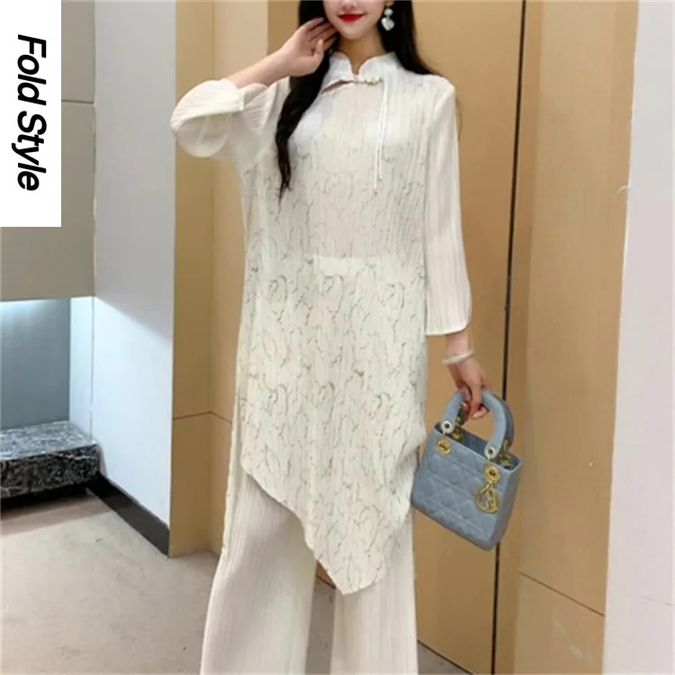 Fold Set 2-piece Qipao Half Open Neck Top+Elastic High Waist Versatile Loose Pants New Summer 2024