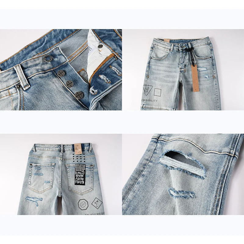 بنطال جينز رجالي High Street Distressed Light Indigo Stretch نحيف بأزرار ممزقة #1