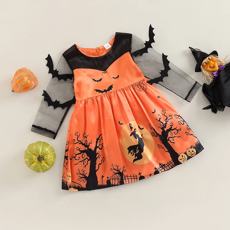 Girls Halloween Costume Dress Sparkly Sequin Embellished Tulle Tutu Skirt with Glittery Bat Print and Long Sleeves Princess