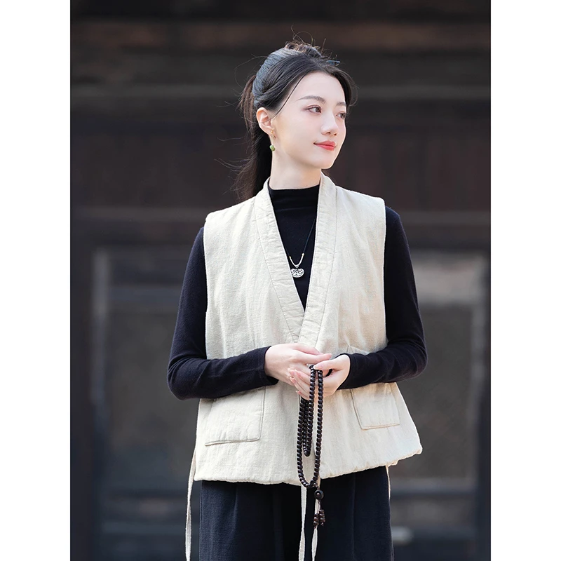 2025 New Autumn/winter Women Casual All-matched V-neck Single Breasted Vest Pocket Patchwork Cotton Linen Outerwear & Coats Y101