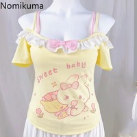 2025 Ropa Mujer Sweet Woman T Shirts Slash Neck Short Sleeve Tees Fashion Japnese Camisetas Y2k Tops Ruffles Anime Cute Tshirts