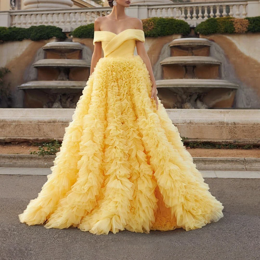 Puff Yellow Organza Evening Dress Formal Occasion Draped Sleeveless Off the Shoulder Ball Gown Exquisite Women Wedding Dresses