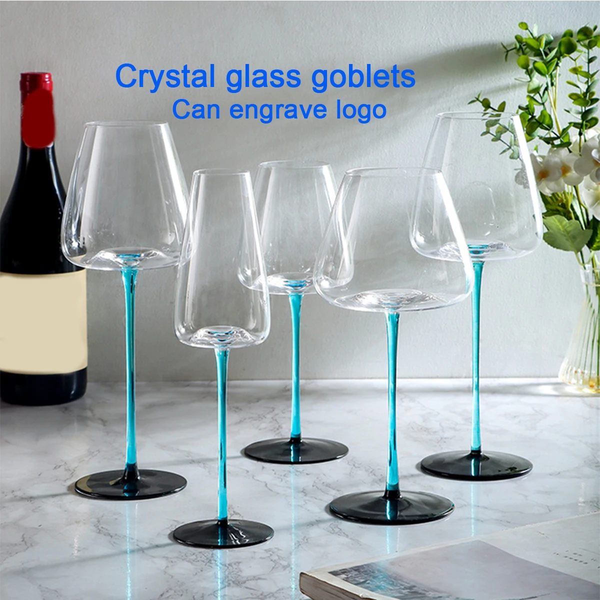 (Can Engrave Logo) 550ML Home Crystal Red Wine Glass, Blue Stem, Wedding Champagne Cup, Burgundy Glass, Party/Bar Goblet