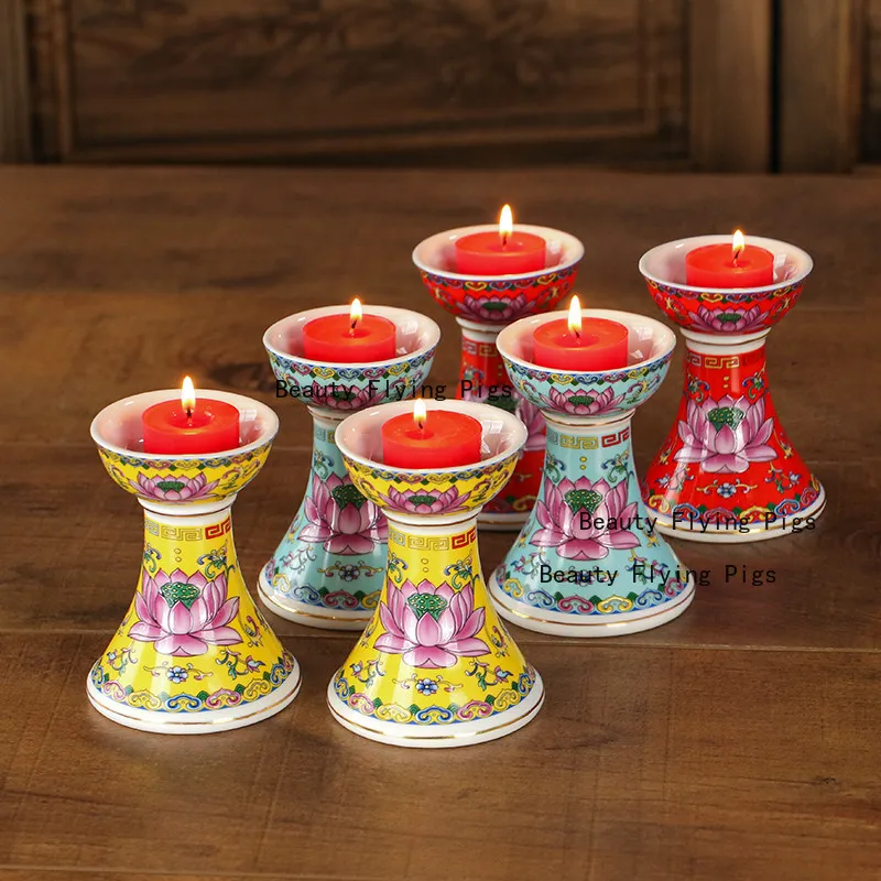 2PCS Ceramic Lotus Candlestick Buddhist Temple Offering Lamps Enamel Colored Sacrificial Candle Holder No Candles Included