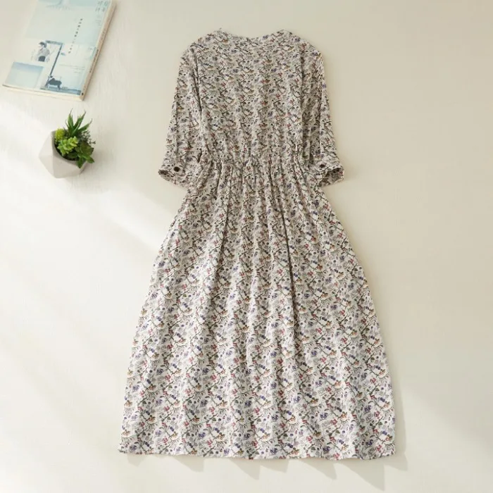 Anti-Aging Floral Cotton Linen Long Waist-Cinching Stand Collar Summer Dr Button-Up Slimming irt Dr for Women