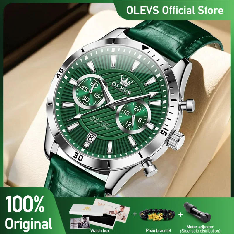 OLEVS Men\'s Watches Top Brand Young Fashion Original Quartz Wristwatch Waterproof Leather Starp Luminous Chronograph 24 Hour