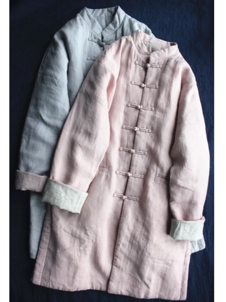 New Chinese Style Linen Cotton Jacket Women's Winter Thickened Medium Length Stand Collar Button Pocket Retro Style Coat